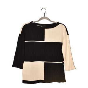 ANN TAYLOR $78 Black White Colorblock Merino Wool Sweater 3/4 Sleeves Small